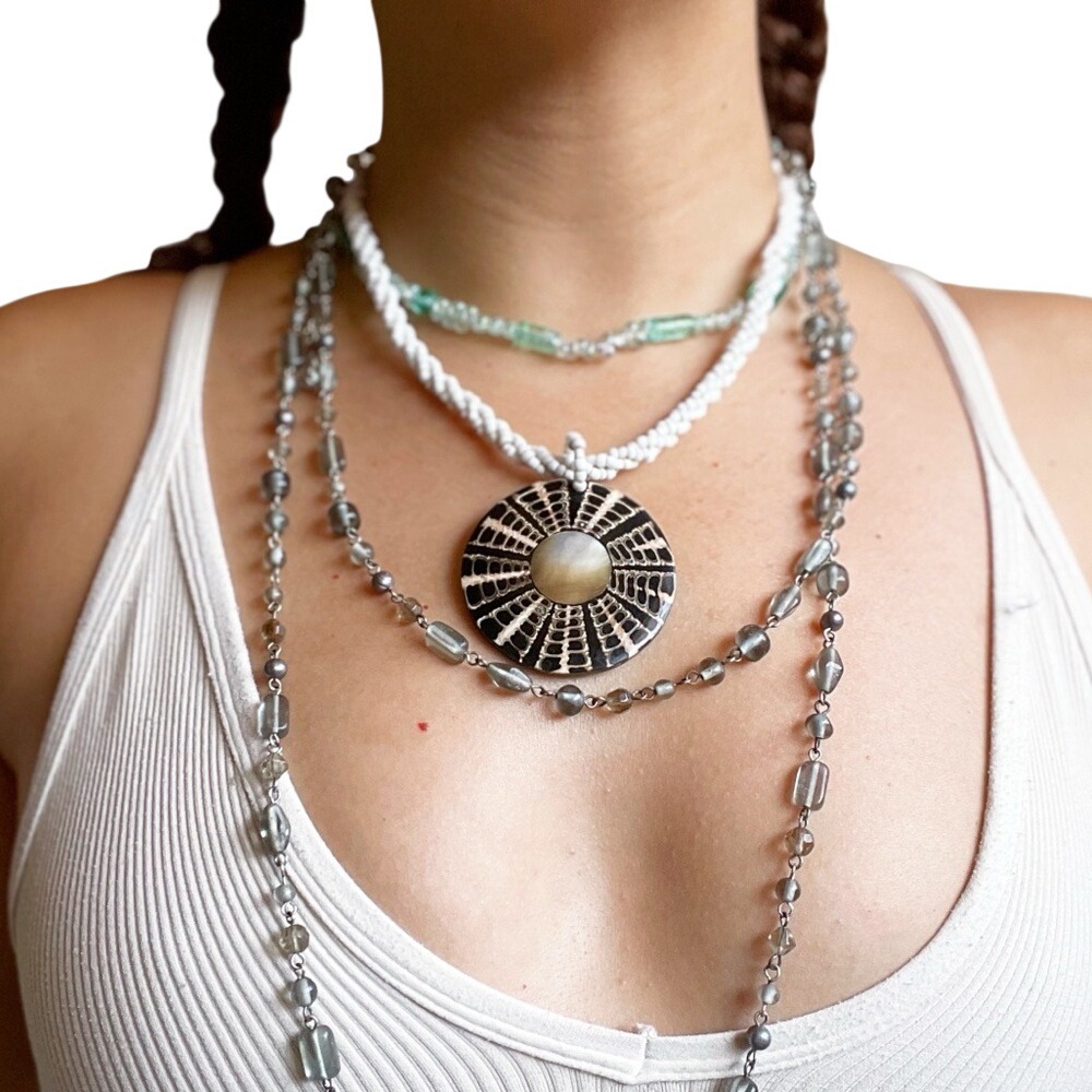 Handmade Vintage Coastal Mermaid Earthy Round Shell Medallion Wood Bead Necklace